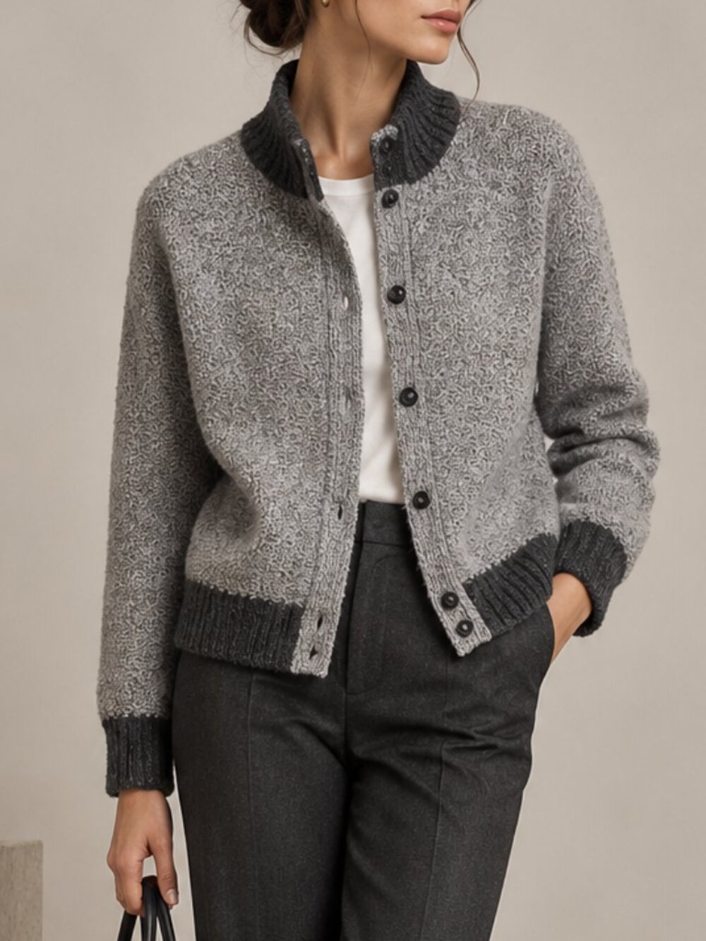 GEOFERRARI | Grey Knit Virgin Wool Blend Cardigan Sweater - Women's Large